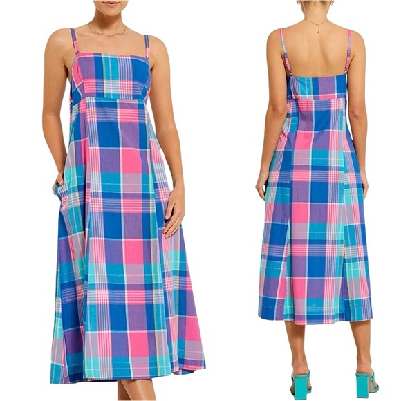 Bohemian Traders Sleeveless Cotton A-Line Slip Midi Dress - Blue Plaid - Large - Picture 1 of 13